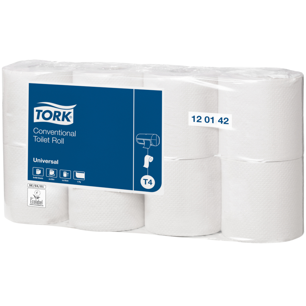 Toiletpapir, Tork T4 Universal, 1-lags, 56m x 9,9cm, Ø10,4cm, natur, 100% genbrugspapir
