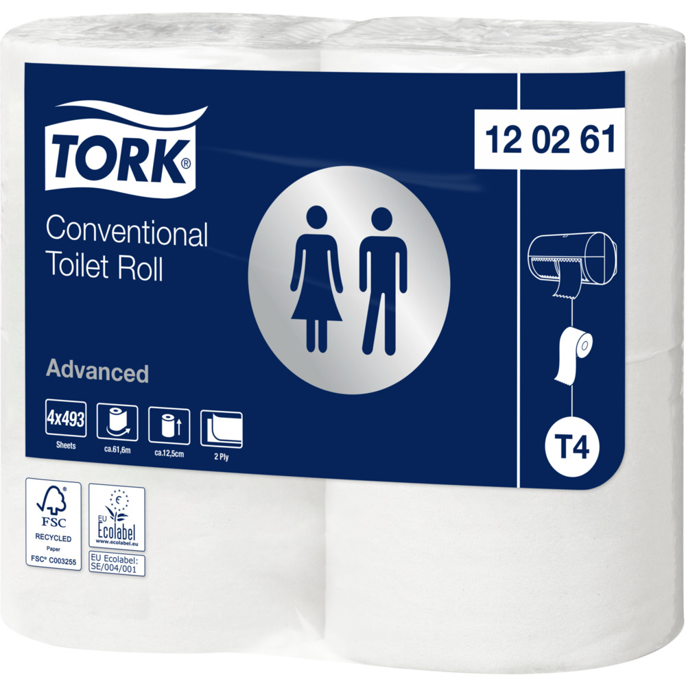 Toiletpapir, Tork T4 Advanced, 2-lags, 61,6m x 9,9cm, Ø12cm, hvid, 100% genbrugspapir