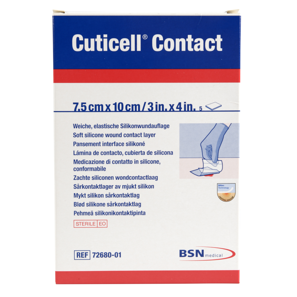 Sårkontaktlag, Cuticell Contact, 10x7,5cm, med silikoneklæber, latexfri, steril